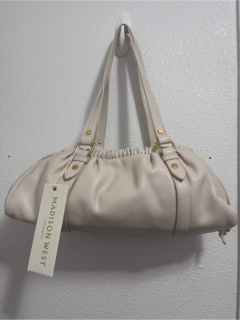 Madison West Soft Ruched Cream Shoulder Bag with Gold Hardware